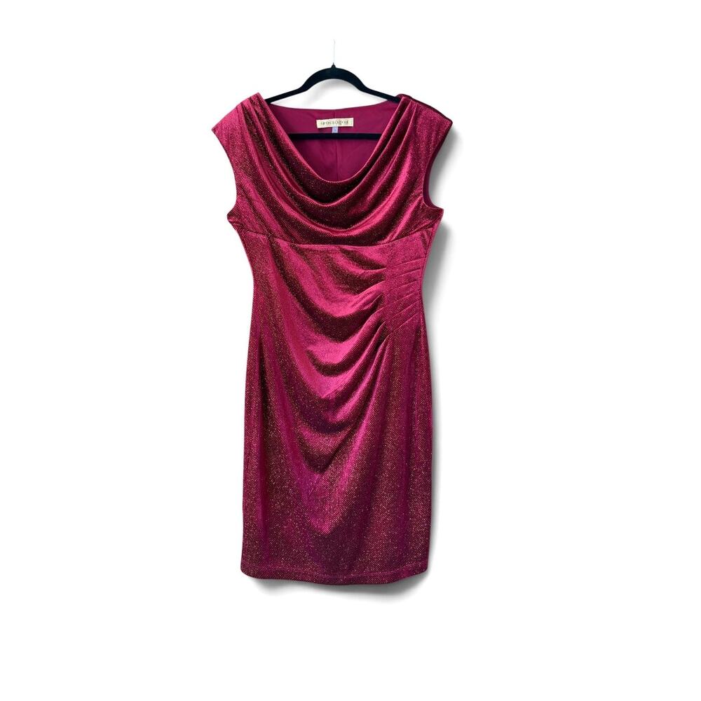 Burgundy Red Sparkle Stretch Velvet Dress SZ 6 Draped Cowl Neck Holiday Cocktail